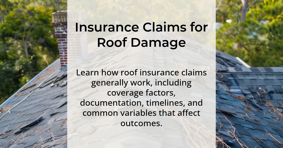 Insurance claims for roof damage. Learn how roof insurance claims generally work, including coverage factors, documentation, timelines, and common variables that affect outcomes.
