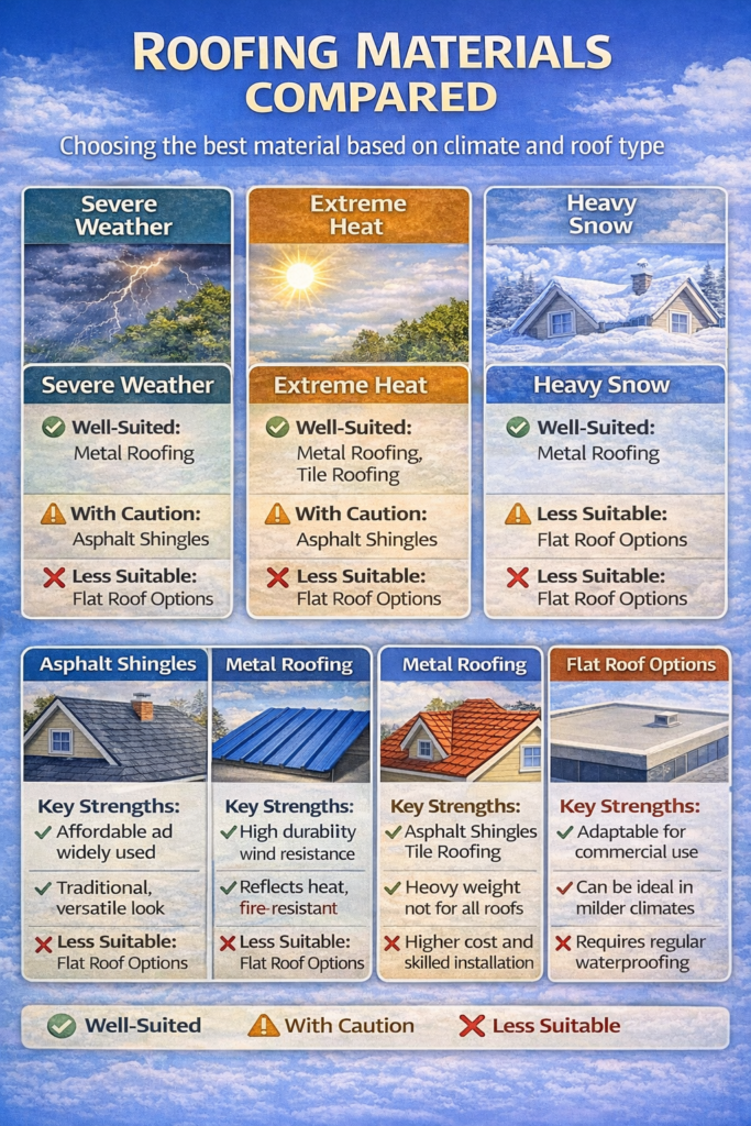 Roofing materials compared by climate exposure and roof design.